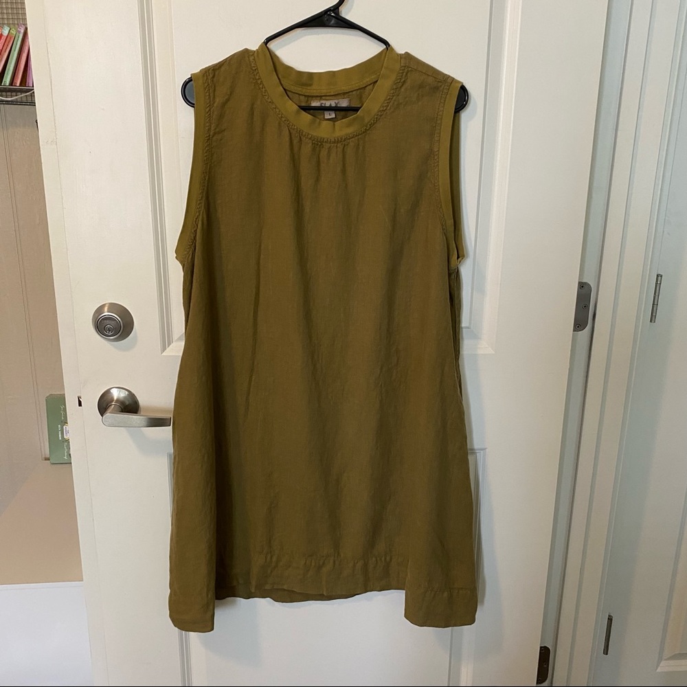 FLAX 100% Linen Lagenlook Oversized Shift Dress in Olive/Army Green, Size Large